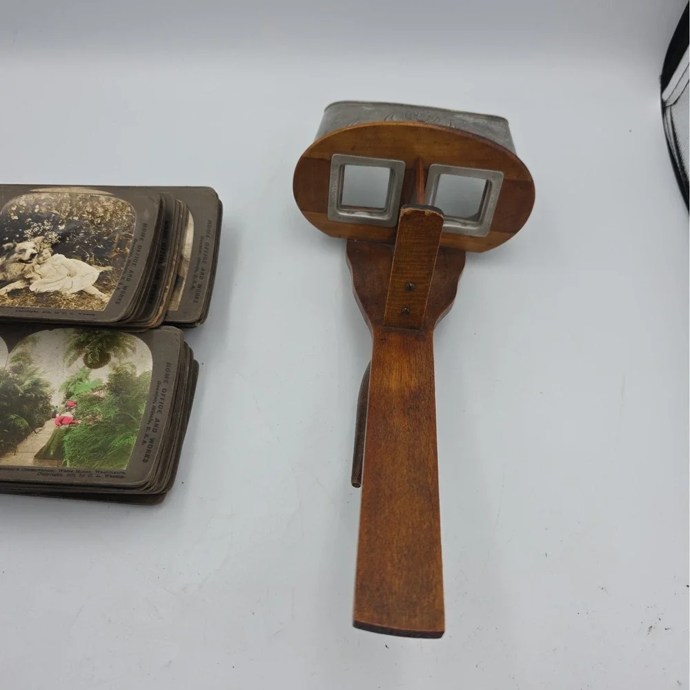 Antique Underwood Stereoscope Viewer Metal Wood and 60 Stereoview Sepia Cards